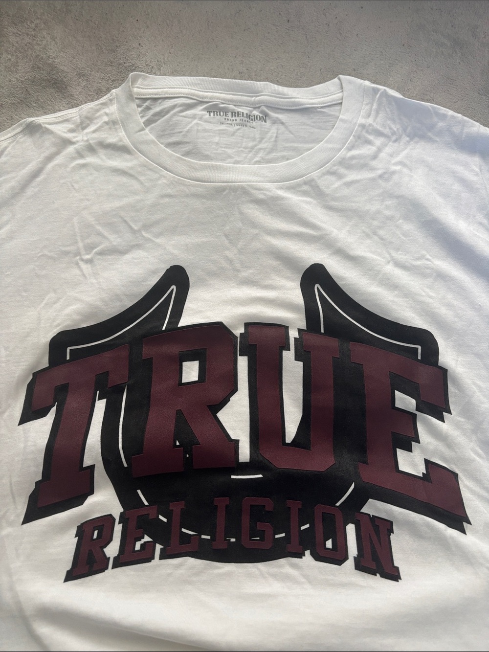 True Religion White Tee with Maroon and Black Graphic